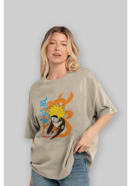 Naruto Uzumaki 1 Anime Ön Baskılı Bej Oversize T-Shirt Erkek Kadın modelleri