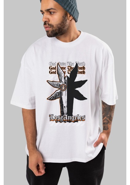 God Save The Youth Ön Baskılı Beyaz Oversize T-Shirt Erkek Kadın Bisiklet Yaka