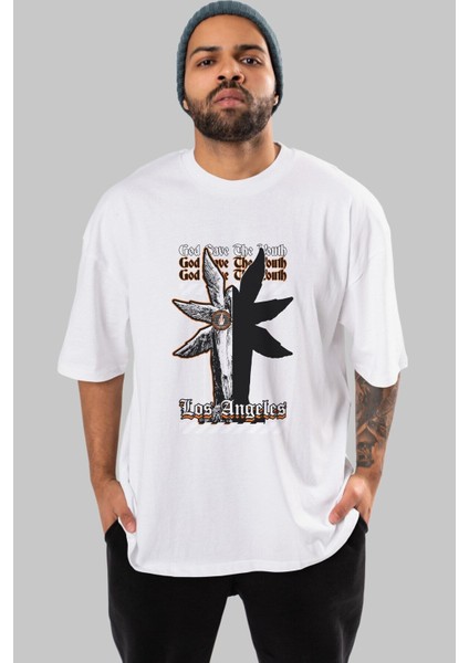 God Save The Youth Ön Baskılı Beyaz Oversize T-Shirt Erkek Kadın Bisiklet Yaka indirimleri