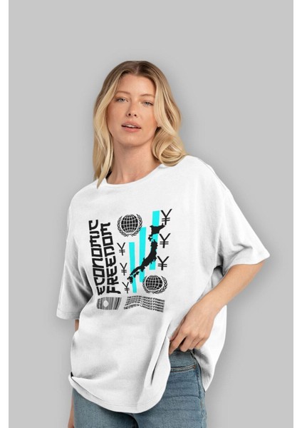 Economic Freedom Ön Baskılı Beyaz Oversize T-Shirt Erkek Kadın Bisiklet Yaka fiyatları
