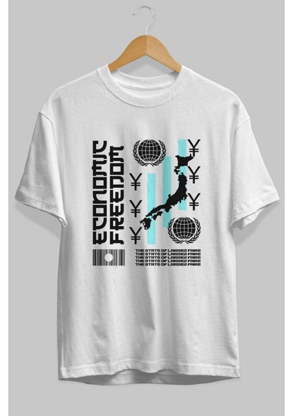 Economic Freedom Ön Baskılı Beyaz Oversize T-Shirt Erkek Kadın Bisiklet Yaka modelleri