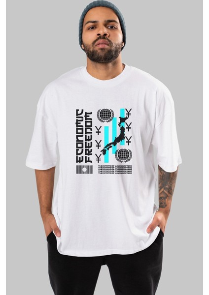 Economic Freedom Ön Baskılı Beyaz Oversize T-Shirt Erkek Kadın Bisiklet Yaka fırsatları