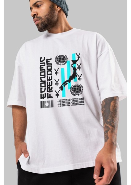 Economic Freedom Ön Baskılı Beyaz Oversize T-Shirt Erkek Kadın Bisiklet Yaka indirimleri