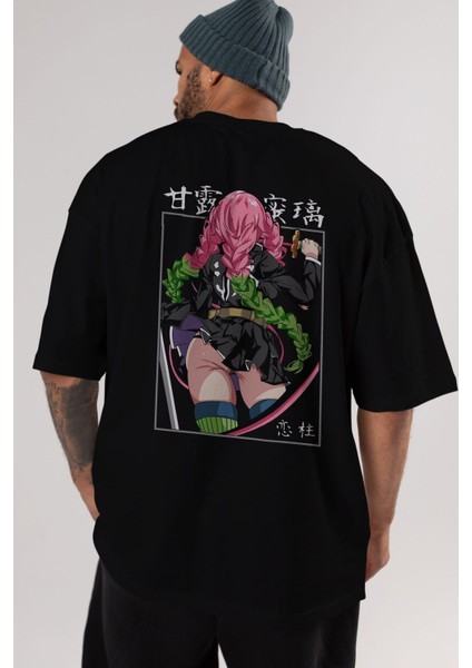 Mitsuri Demonslayer Anime Arka Baskılı Siyah Oversize T-Shirt Erkek Kadın