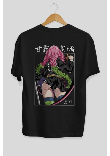 Mitsuri Demonslayer Anime Arka Baskılı Siyah Oversize T-Shirt Erkek Kadın modelleri