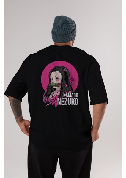 Nezuko Kamado 2 Anime Arka Baskılı Siyah Oversize T-Shirt Erkek Kadın