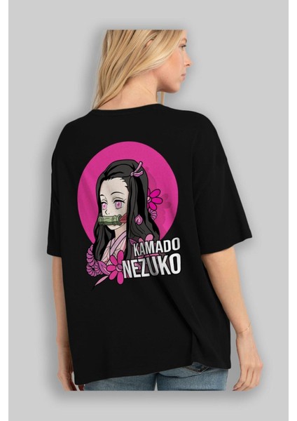 Nezuko Kamado 2 Anime Arka Baskılı Siyah Oversize T-Shirt Erkek Kadın fiyatları