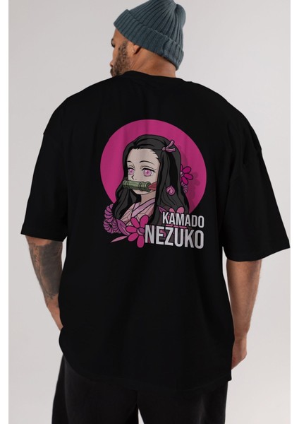 Nezuko Kamado 2 Anime Arka Baskılı Siyah Oversize T-Shirt Erkek Kadın modelleri