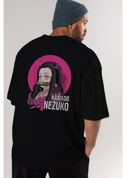Nezuko Kamado 2 Anime Arka Baskılı Siyah Oversize T-Shirt Erkek Kadın indirimleri