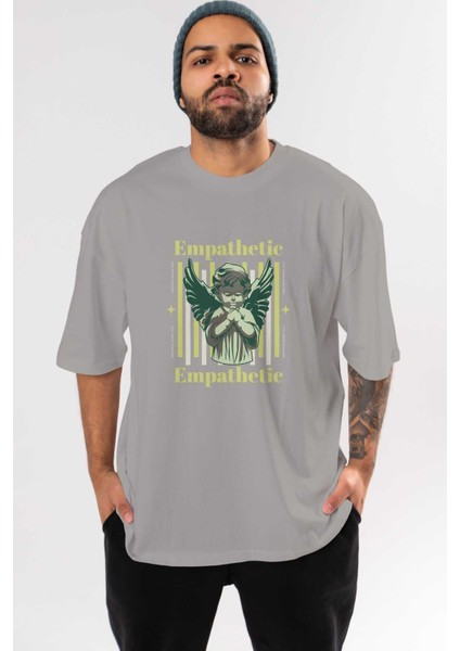 Empathetic Ön Baskılı Gri Oversize T-Shirt Unisex Erkek Kadın Bisiklet Yaka