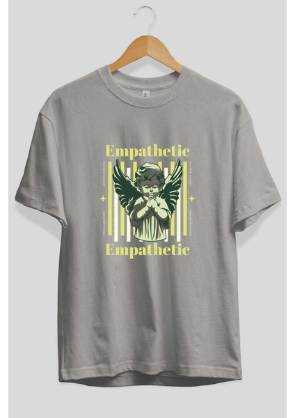 Empathetic Ön Baskılı Gri Oversize T-Shirt Unisex Erkek Kadın Bisiklet Yaka fiyatları