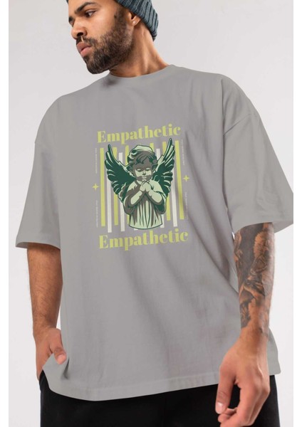 Empathetic Ön Baskılı Gri Oversize T-Shirt Unisex Erkek Kadın Bisiklet Yaka modelleri