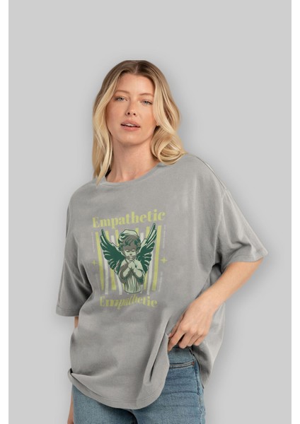 Empathetic Ön Baskılı Gri Oversize T-Shirt Unisex Erkek Kadın Bisiklet Yaka fırsatları