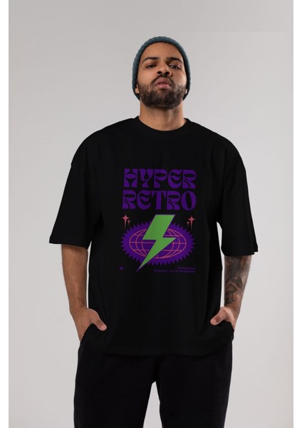 Hyper Retro Yazılı Ön Baskılı Siyah Oversize T-Shirt Erkek Kadın Bisiklet Yaka