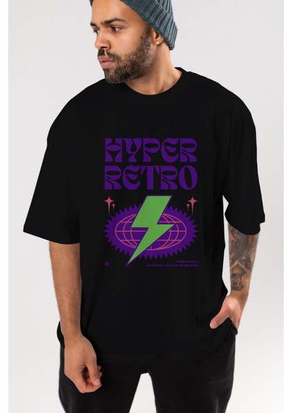 Hyper Retro Yazılı Ön Baskılı Siyah Oversize T-Shirt Erkek Kadın Bisiklet Yaka modelleri
