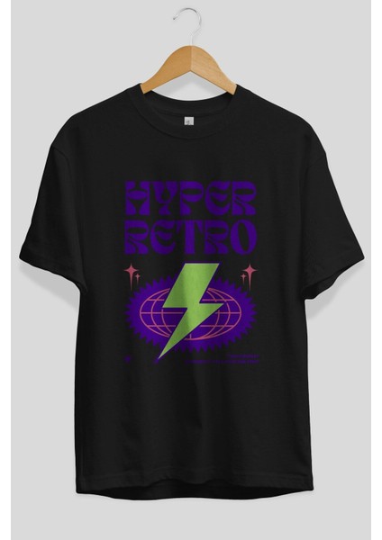 Hyper Retro Yazılı Ön Baskılı Siyah Oversize T-Shirt Erkek Kadın Bisiklet Yaka fırsatları