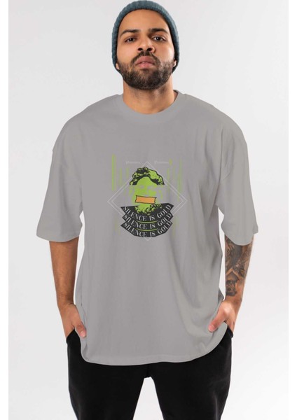 Silence Is Gold Ön Baskılı Gri Oversize T-Shirt Unisex Erkek Kadın Bisiklet Yaka