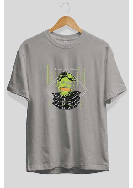 Silence Is Gold Ön Baskılı Gri Oversize T-Shirt Unisex Erkek Kadın Bisiklet Yaka fiyatları