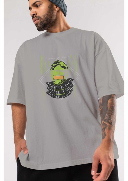 Silence Is Gold Ön Baskılı Gri Oversize T-Shirt Unisex Erkek Kadın Bisiklet Yaka modelleri