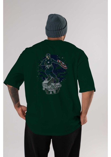 Captaın Amerıca Arka Baskılı Zümrüt Yeşili Oversize T-Shirt Unisex Erkek Kadın Bisiklet Yaka