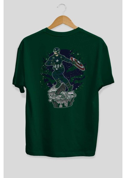 Captaın Amerıca Arka Baskılı Zümrüt Yeşili Oversize T-Shirt Unisex Erkek Kadın Bisiklet Yaka