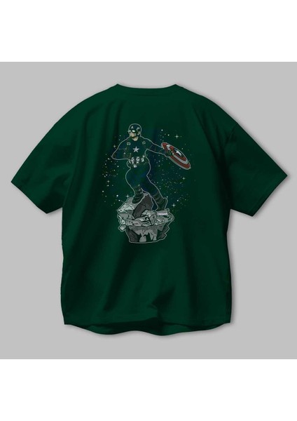 Captaın Amerıca Arka Baskılı Zümrüt Yeşili Oversize T-Shirt Unisex Erkek Kadın Bisiklet Yaka