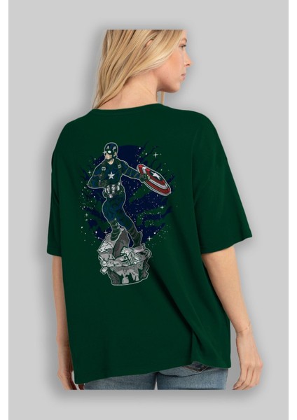 Captaın Amerıca Arka Baskılı Zümrüt Yeşili Oversize T-Shirt Unisex Erkek Kadın Bisiklet Yaka