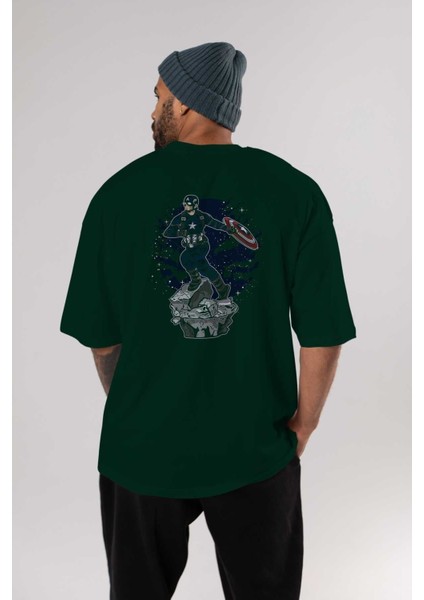 Captaın Amerıca Arka Baskılı Zümrüt Yeşili Oversize T-Shirt Unisex Erkek Kadın Bisiklet Yaka