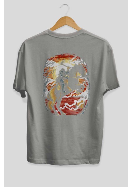 Headless Horseman Arka Baskılı Gri Oversize T-Shirt Unisex Erkek Kadın Bisiklet Yaka fiyatları