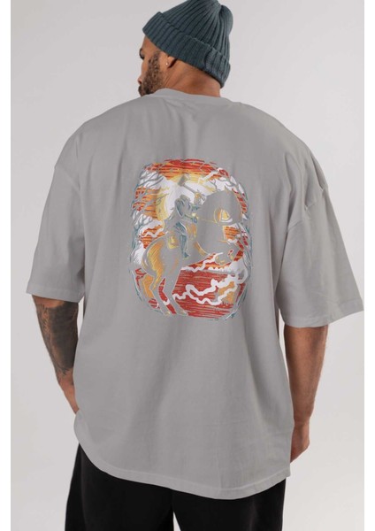 Headless Horseman Arka Baskılı Gri Oversize T-Shirt Unisex Erkek Kadın Bisiklet Yaka indirimleri