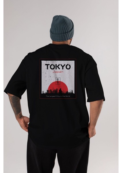 Tokyo Japan Yazılı Arka Baskılı Siyah Oversize T-Shirt Erkek Kadın Bisiklet Yaka