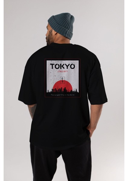 Tokyo Japan Yazılı Arka Baskılı Siyah Oversize T-Shirt Erkek Kadın Bisiklet Yaka modelleri