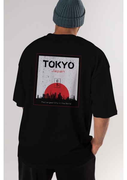 Tokyo Japan Yazılı Arka Baskılı Siyah Oversize T-Shirt Erkek Kadın Bisiklet Yaka indirimleri