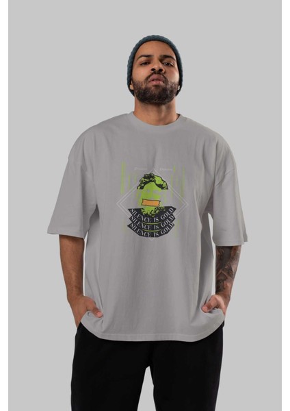 Silence Is Gold Ön Baskılı Gri Oversize T-Shirt Unisex Erkek Kadın Bisiklet Yaka indirimleri