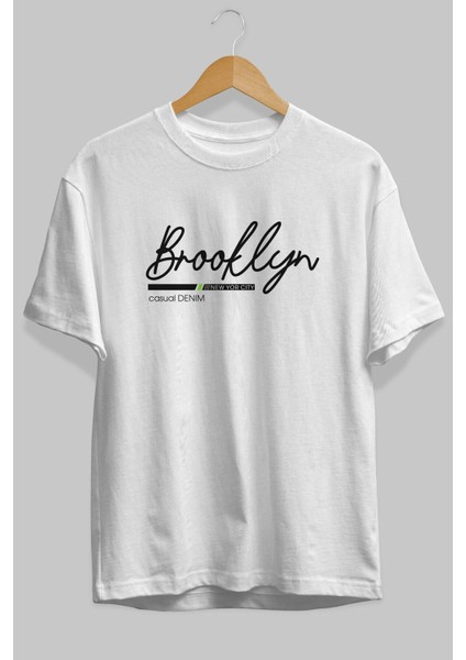 Brooklyn Denim Ön Baskılı Beyaz Oversize T-Shirt Erkek Kadın Bisiklet Yaka fiyatları
