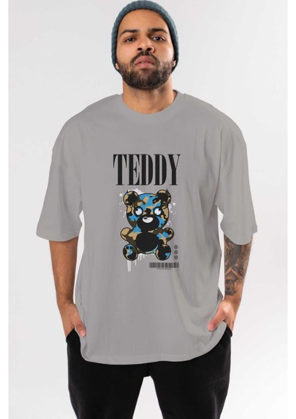 Teddy Bear Streetwear Ön Baskılı Gri Oversize T-Shirt Unisex Erkek Kadın Bisiklet Yaka