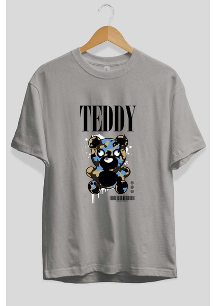 Teddy Bear Streetwear Ön Baskılı Gri Oversize T-Shirt Unisex Erkek Kadın Bisiklet Yaka fiyatları