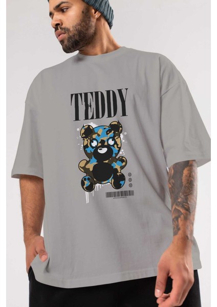 Teddy Bear Streetwear Ön Baskılı Gri Oversize T-Shirt Unisex Erkek Kadın Bisiklet Yaka modelleri