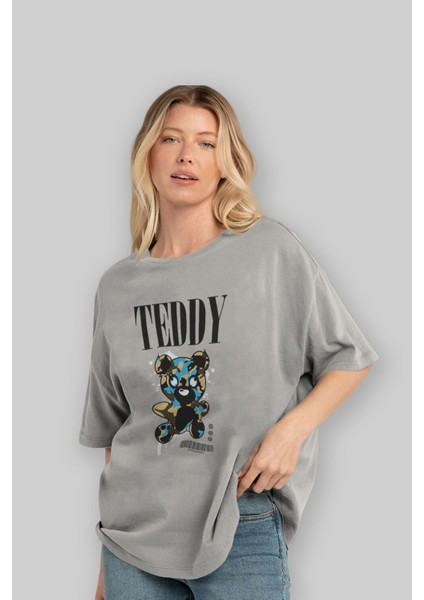 Teddy Bear Streetwear Ön Baskılı Gri Oversize T-Shirt Unisex Erkek Kadın Bisiklet Yaka fırsatları