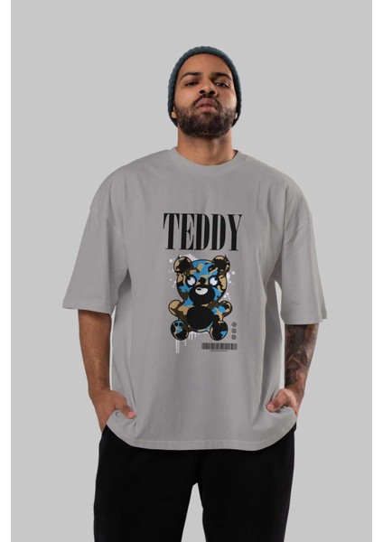 Teddy Bear Streetwear Ön Baskılı Gri Oversize T-Shirt Unisex Erkek Kadın Bisiklet Yaka indirimleri