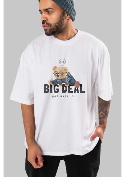 Teddy Bear Big Deal Ön Baskılı Beyaz Oversize T-Shirt Erkek Kadın Bisiklet Yaka