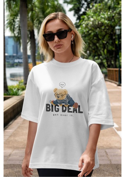 Teddy Bear Big Deal Ön Baskılı Beyaz Oversize T-Shirt Erkek Kadın Bisiklet Yaka fiyatları