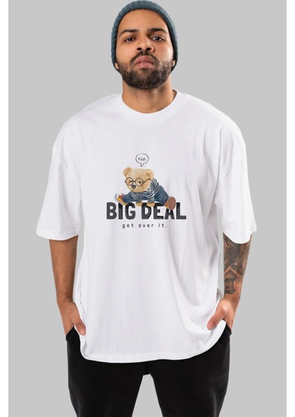 Teddy Bear Big Deal Ön Baskılı Beyaz Oversize T-Shirt Erkek Kadın Bisiklet Yaka fırsatları