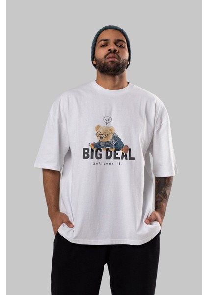 Teddy Bear Big Deal Ön Baskılı Beyaz Oversize T-Shirt Erkek Kadın Bisiklet Yaka indirimleri