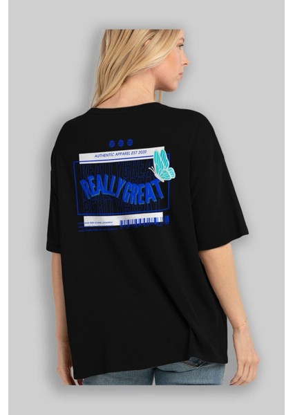 Really Great Yazılı Arka Baskılı Siyah Oversize T-Shirt Erkek Kadın Bisiklet Yaka