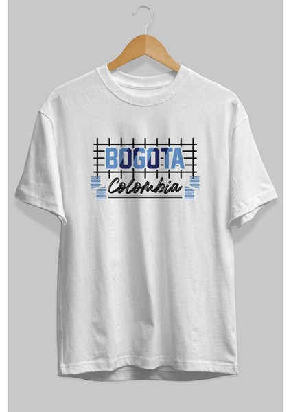 Bogota Ön Baskılı Beyaz Oversize T-Shirt Erkek Kadın Bisiklet Yaka