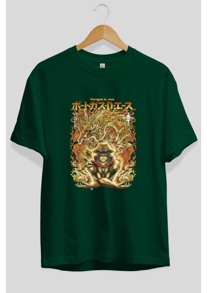 Portgas D. Ace Anime Ön Baskılı Zümrüt Yeşili Oversize T-Shirt Erkek Kadın fiyatları