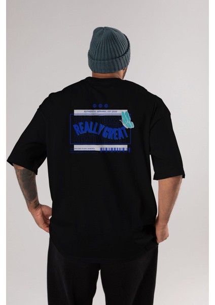 Really Great Yazılı Arka Baskılı Siyah Oversize T-Shirt Erkek Kadın Bisiklet Yaka modelleri