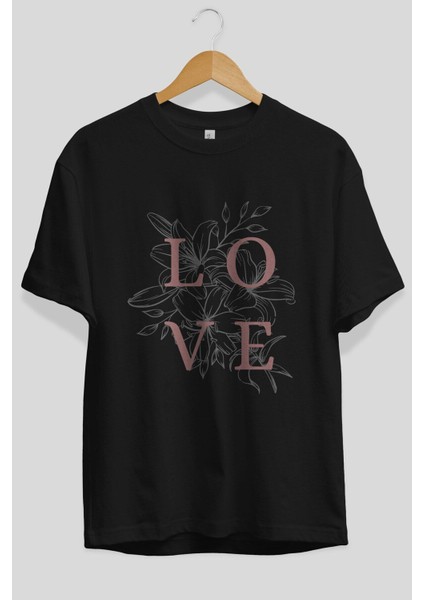 Love Yazılı Ön Baskılı Siyah Oversize T-Shirt Erkek Kadın Bisiklet Yaka fiyatları