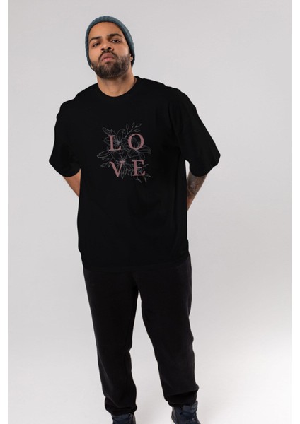 Love Yazılı Ön Baskılı Siyah Oversize T-Shirt Erkek Kadın Bisiklet Yaka modelleri